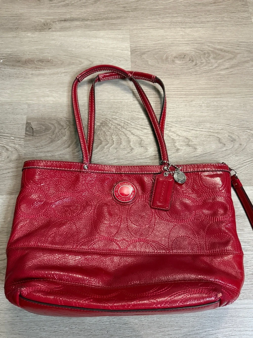 Coach Red Leather Tote with Signature Detail